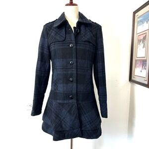 VTG Y2K Guess Plaid Peplum Trench Coat Wool Blend Navy M Dark Academia Preppy